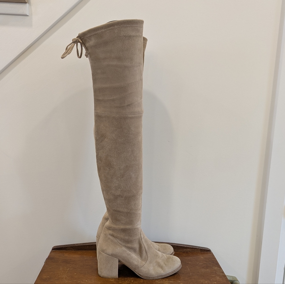 Stuart Weitzman Sz7 Tieland over-the-knee boots in taupe suede.